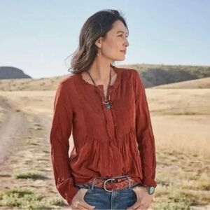 Sundance | Sera Rust Pintuck Ruffle Button Front Peasant Blouse, XL Petite